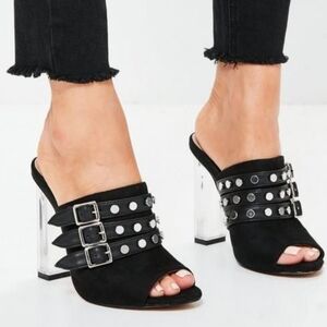 Missguided Black Multi Strap Clear Mule Heels with three buckles and metal studs